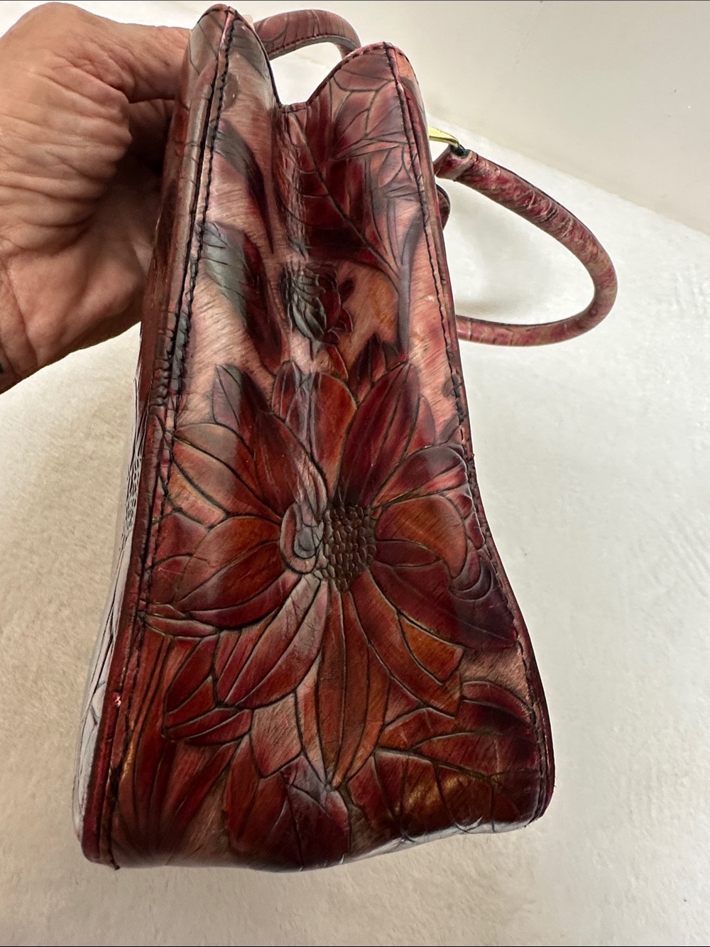 Rare vintage Embossed Brahmin Burgundy Floral Embossed Leather Satchel - Picture 6 of 13